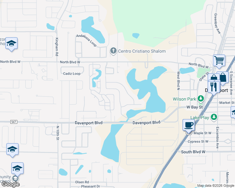 map of restaurants, bars, coffee shops, grocery stores, and more near 631 Bridgeford Crossing Boulevard in Davenport