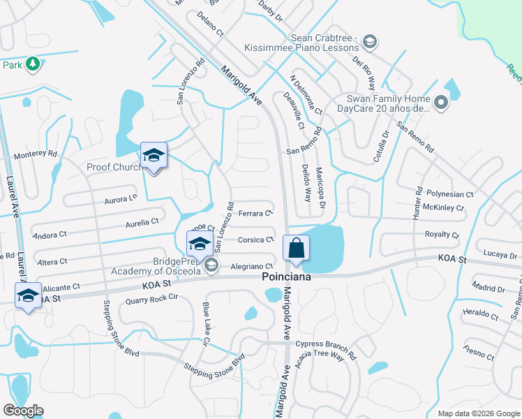 map of restaurants, bars, coffee shops, grocery stores, and more near 336 Ferrara Court in Kissimmee