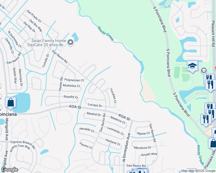 map of restaurants, bars, coffee shops, grocery stores, and more near 740 Yucatan Court in Kissimmee