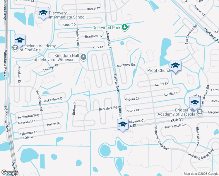 map of restaurants, bars, coffee shops, grocery stores, and more near 531 Brentford Court in Kissimmee