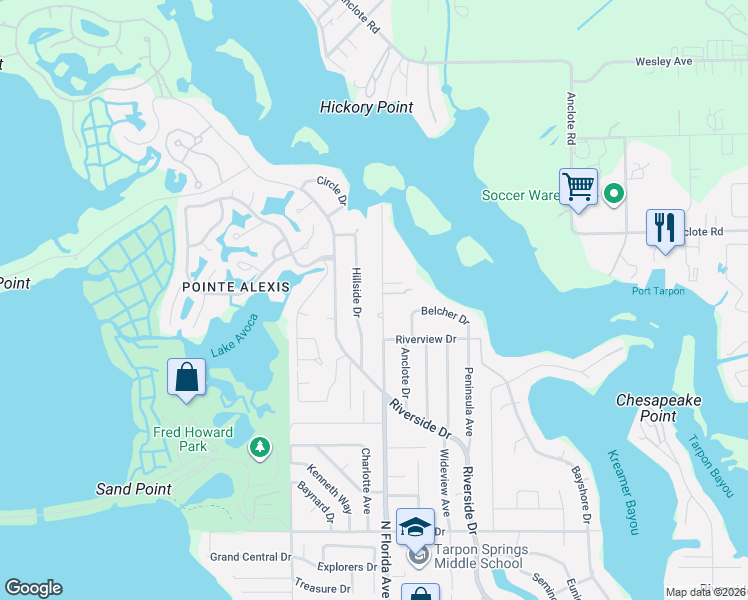 map of restaurants, bars, coffee shops, grocery stores, and more near 1218 N Florida Ave in Tarpon Springs
