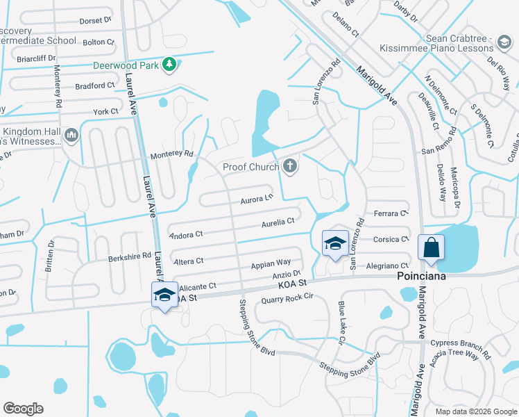 map of restaurants, bars, coffee shops, grocery stores, and more near 115 Aurelia Court in Kissimmee