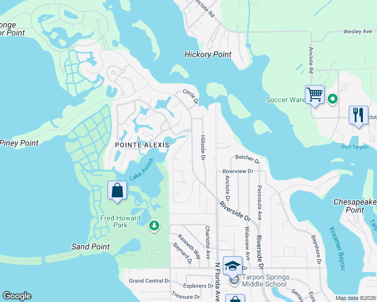map of restaurants, bars, coffee shops, grocery stores, and more near 1325 Riverside Drive in Tarpon Springs