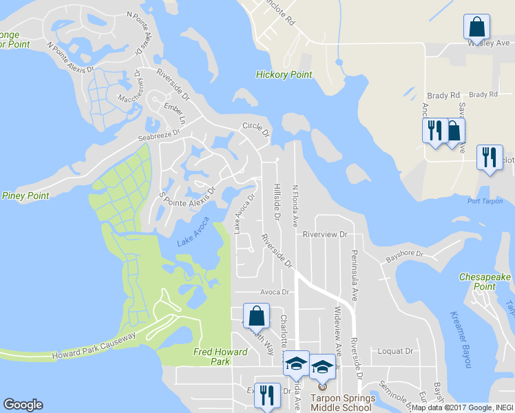 map of restaurants, bars, coffee shops, grocery stores, and more near 1334 Riverside Drive in Tarpon Springs