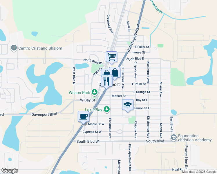 map of restaurants, bars, coffee shops, grocery stores, and more near in Davenport