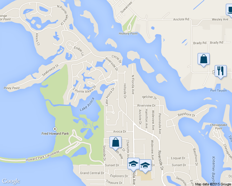 map of restaurants, bars, coffee shops, grocery stores, and more near 1334 Riverside Drive in Tarpon Springs