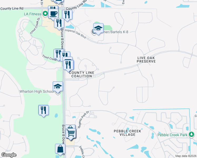 map of restaurants, bars, coffee shops, grocery stores, and more near 9059 Oak Preserve Boulevard in Tampa