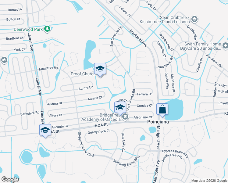 map of restaurants, bars, coffee shops, grocery stores, and more near 550 Nogales Court in Kissimmee