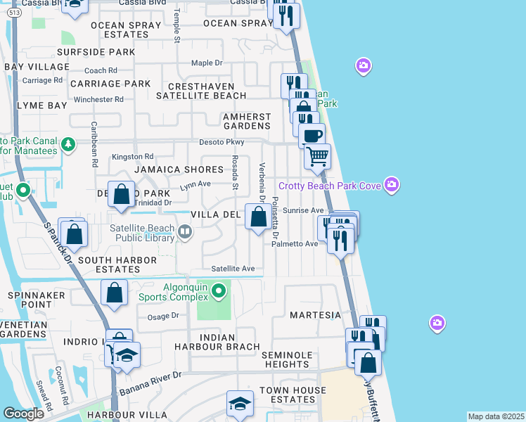 map of restaurants, bars, coffee shops, grocery stores, and more near 158 Sunrise Avenue in Satellite Beach