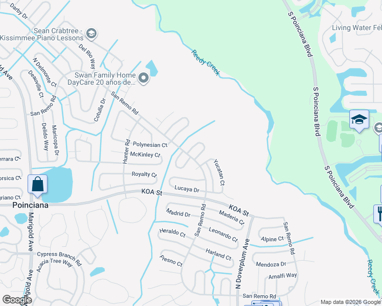 map of restaurants, bars, coffee shops, grocery stores, and more near 539 Glade Court in Kissimmee