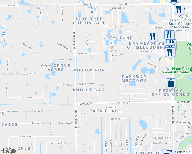 map of restaurants, bars, coffee shops, grocery stores, and more near 3211 Wind Song Court in Melbourne