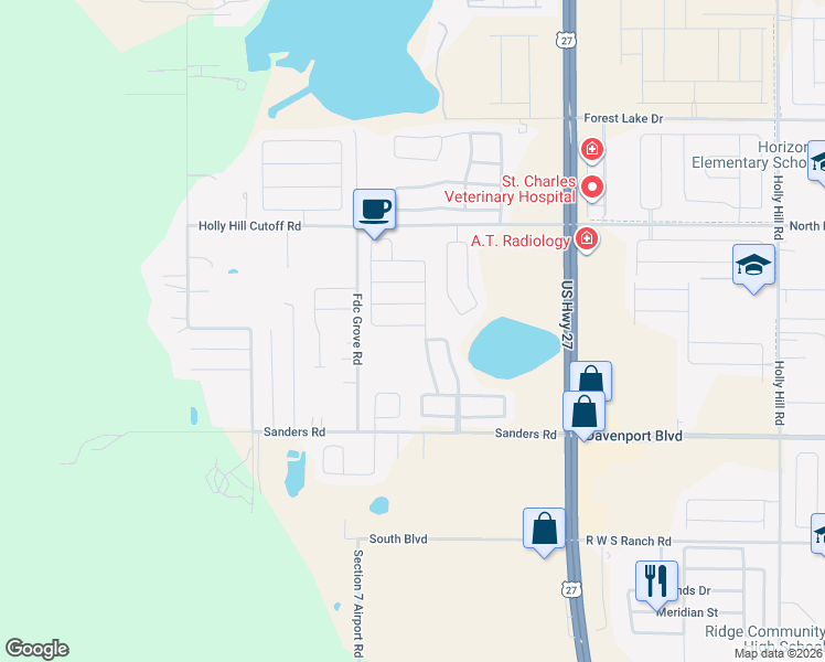 map of restaurants, bars, coffee shops, grocery stores, and more near 201 Garberia Drive in Davenport