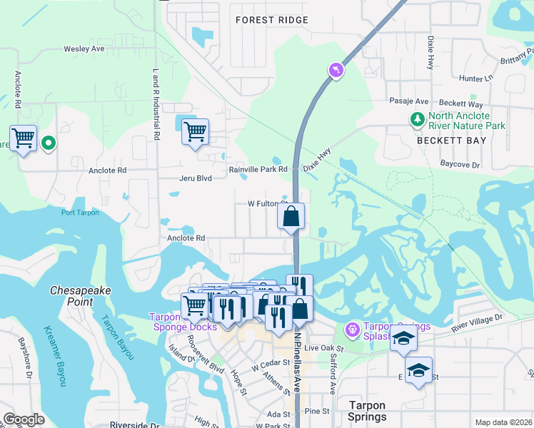 map of restaurants, bars, coffee shops, grocery stores, and more near 50 Anclote Road in Tarpon Springs