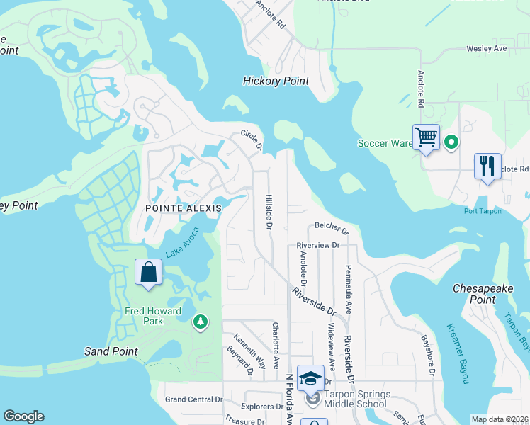 map of restaurants, bars, coffee shops, grocery stores, and more near 1334 Riverside Drive in Tarpon Springs