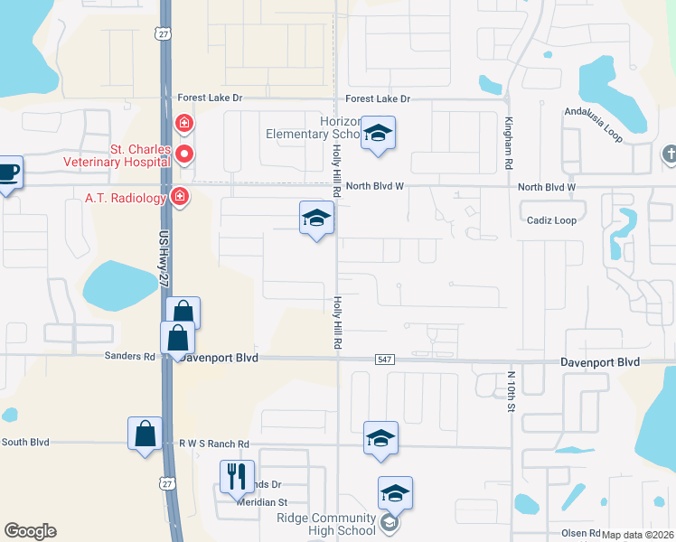 map of restaurants, bars, coffee shops, grocery stores, and more near 318 Holly Hill Road in Davenport