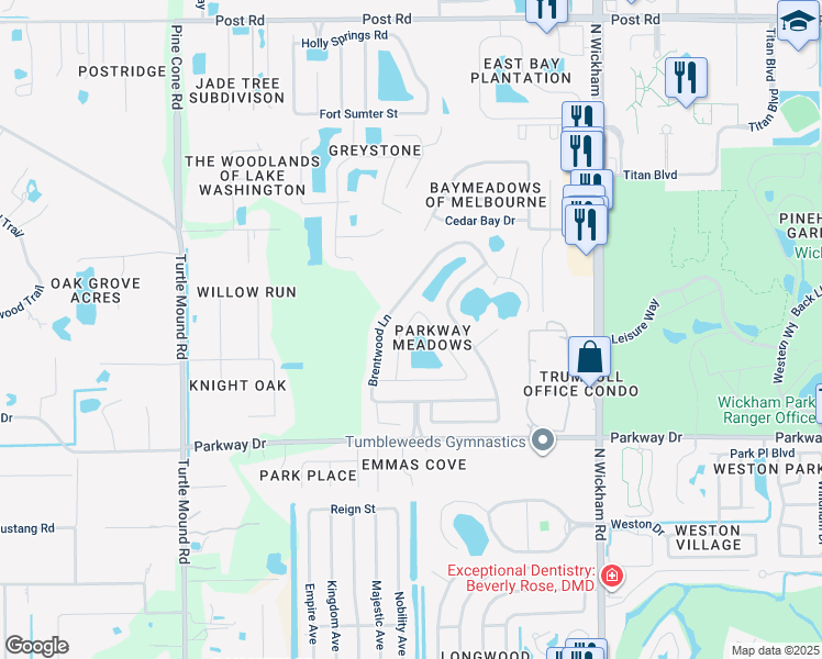 map of restaurants, bars, coffee shops, grocery stores, and more near 3319 Lakeview Circle in Melbourne
