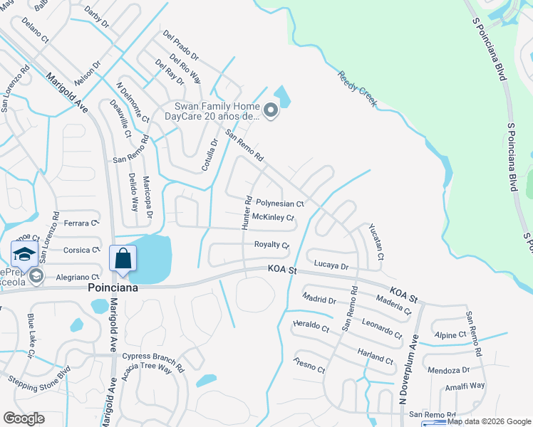 map of restaurants, bars, coffee shops, grocery stores, and more near 654 McKinley Court in Kissimmee