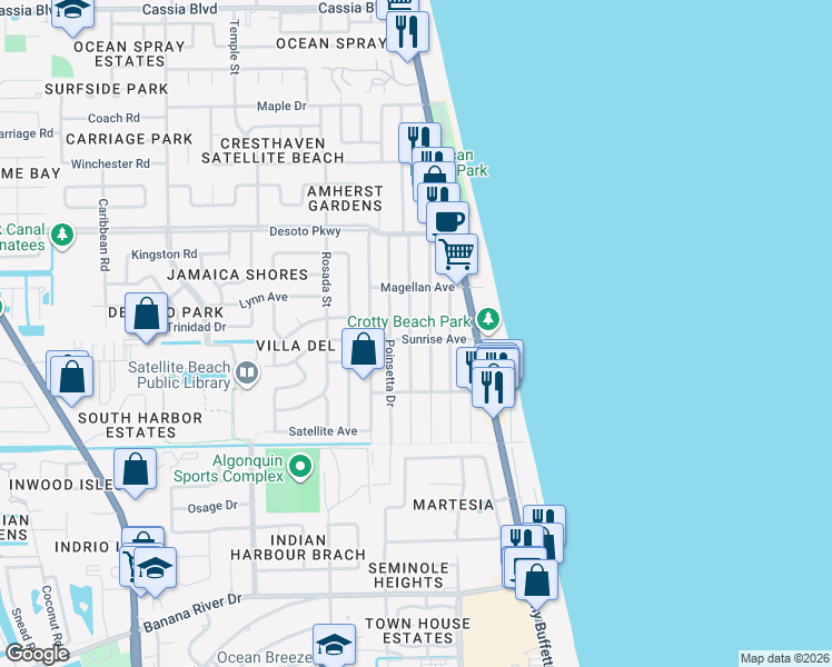 map of restaurants, bars, coffee shops, grocery stores, and more near 126 Sunrise Avenue in Satellite Beach