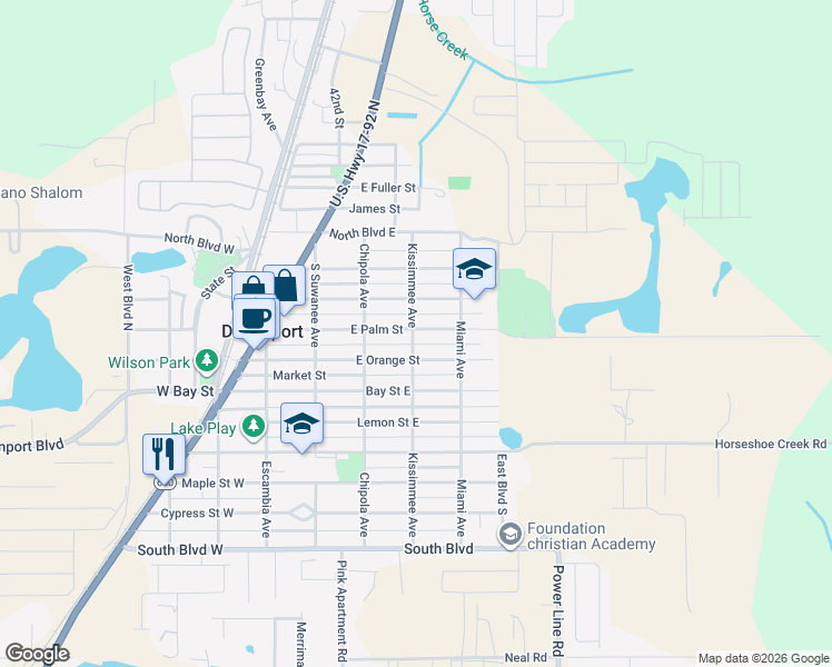 map of restaurants, bars, coffee shops, grocery stores, and more near 205 East Palm Street in Davenport