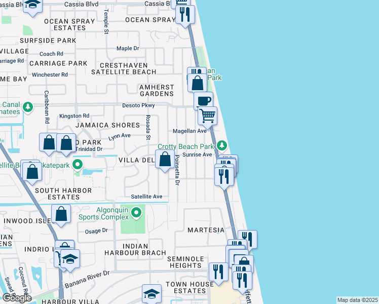 map of restaurants, bars, coffee shops, grocery stores, and more near 126 Sunrise Avenue in Satellite Beach