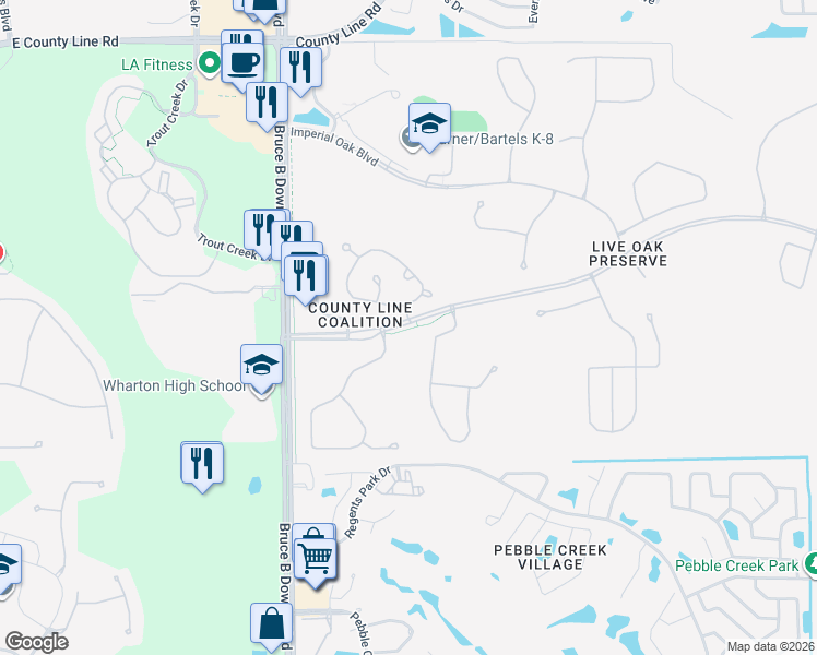 map of restaurants, bars, coffee shops, grocery stores, and more near 9059 Oak Preserve Boulevard in Tampa