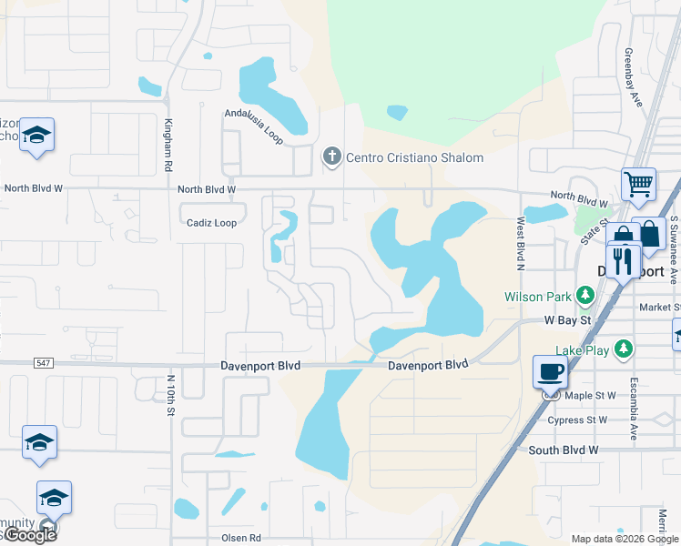 map of restaurants, bars, coffee shops, grocery stores, and more near 631 Bridgeford Crossing Boulevard in Davenport