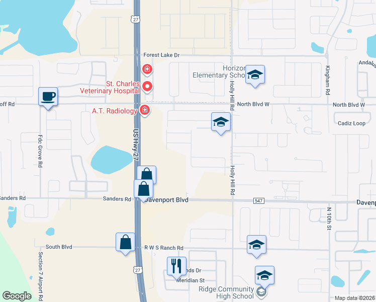 map of restaurants, bars, coffee shops, grocery stores, and more near 317 Holly Hill Road in Davenport