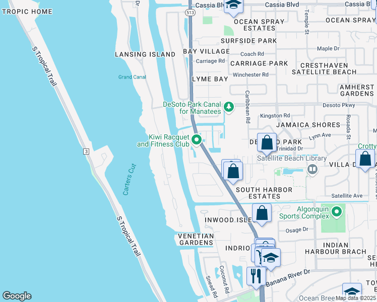 map of restaurants, bars, coffee shops, grocery stores, and more near 411 Tradewinds Drive in Indian Harbour Beach