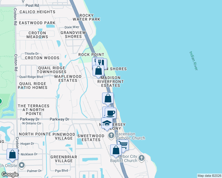 map of restaurants, bars, coffee shops, grocery stores, and more near 3301 North Harbor City Boulevard in Melbourne