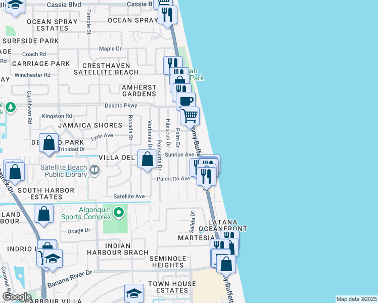 map of restaurants, bars, coffee shops, grocery stores, and more near 705 Atlantic Drive in Satellite Beach