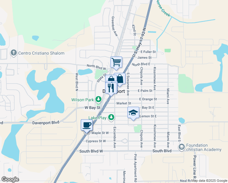 map of restaurants, bars, coffee shops, grocery stores, and more near in Davenport