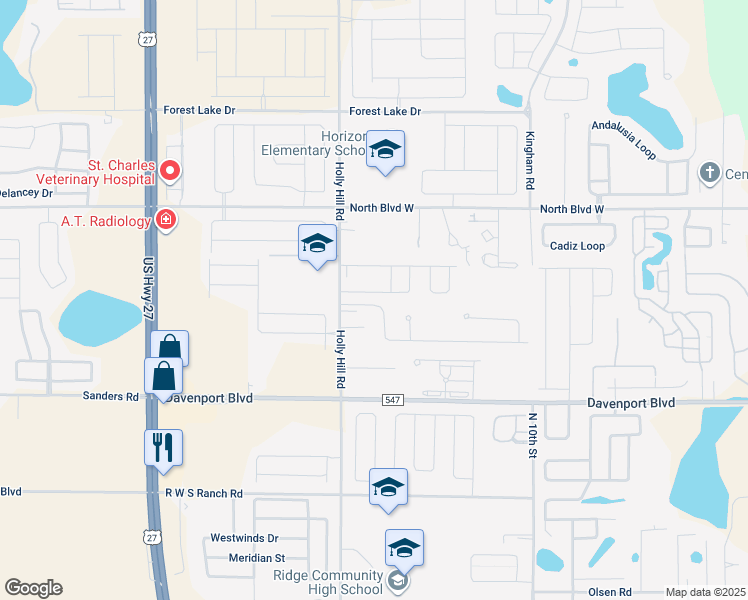 map of restaurants, bars, coffee shops, grocery stores, and more near 405 Sapphire Drive in Davenport