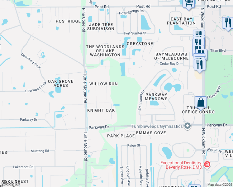 map of restaurants, bars, coffee shops, grocery stores, and more near 3211 Wind Song Court in Melbourne