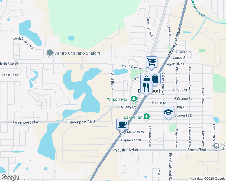map of restaurants, bars, coffee shops, grocery stores, and more near 205 Palm Street West in Davenport