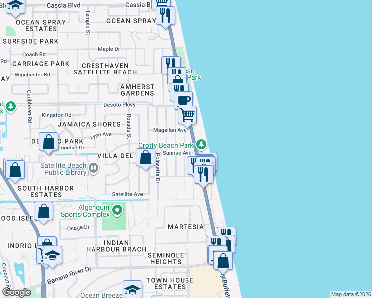 map of restaurants, bars, coffee shops, grocery stores, and more near 705 Atlantic Drive in Satellite Beach