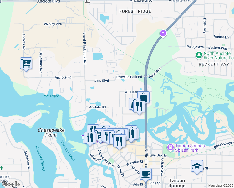 map of restaurants, bars, coffee shops, grocery stores, and more near 1297 Grove Avenue in Tarpon Springs