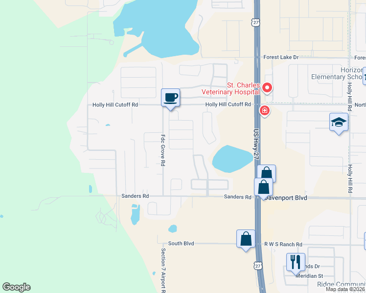 map of restaurants, bars, coffee shops, grocery stores, and more near 201 Garberia Drive in Davenport