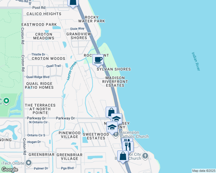 map of restaurants, bars, coffee shops, grocery stores, and more near 3301 Rivercrest Drive in Melbourne