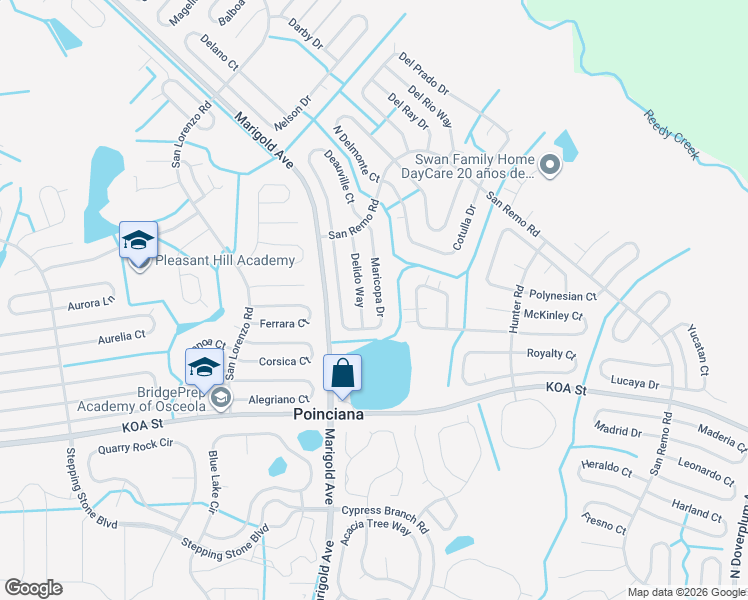 map of restaurants, bars, coffee shops, grocery stores, and more near 569 Maricopa Drive in Kissimmee