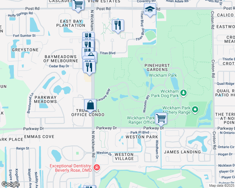 map of restaurants, bars, coffee shops, grocery stores, and more near 2815 Leisure Way in Melbourne