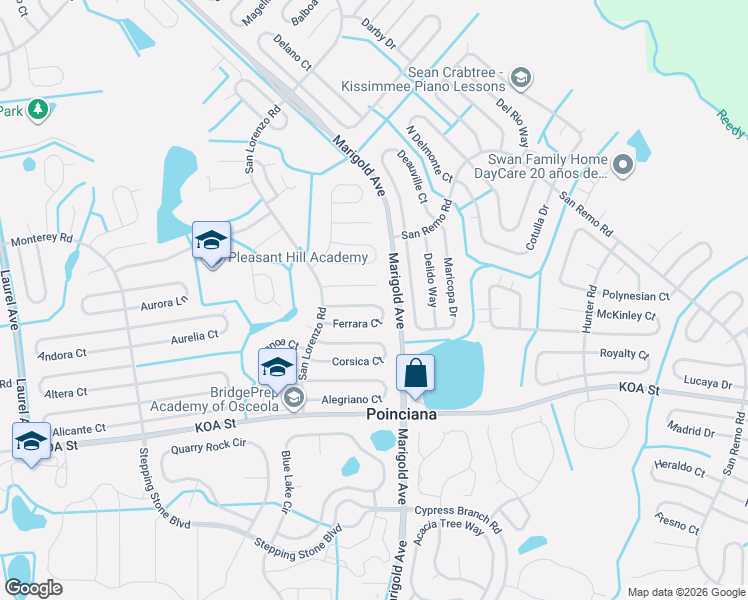 map of restaurants, bars, coffee shops, grocery stores, and more near 336 Ferrara Court in Kissimmee