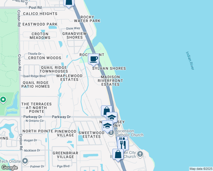 map of restaurants, bars, coffee shops, grocery stores, and more near 3301 Rivercrest Drive in Melbourne
