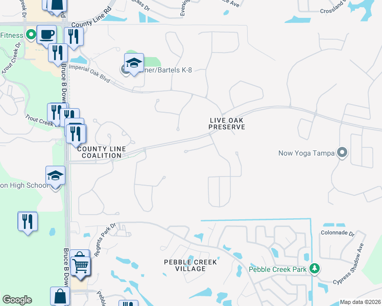 map of restaurants, bars, coffee shops, grocery stores, and more near 9207 Everwood Court in Tampa