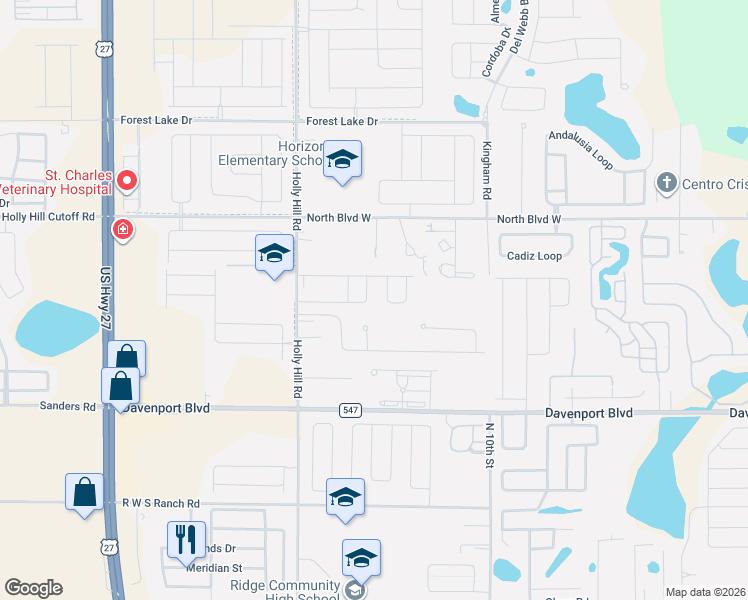 map of restaurants, bars, coffee shops, grocery stores, and more near 385 Citrus Pointe Drive in Davenport