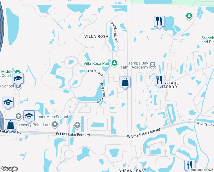 map of restaurants, bars, coffee shops, grocery stores, and more near 19320 Garden Quilt Circle in Lutz