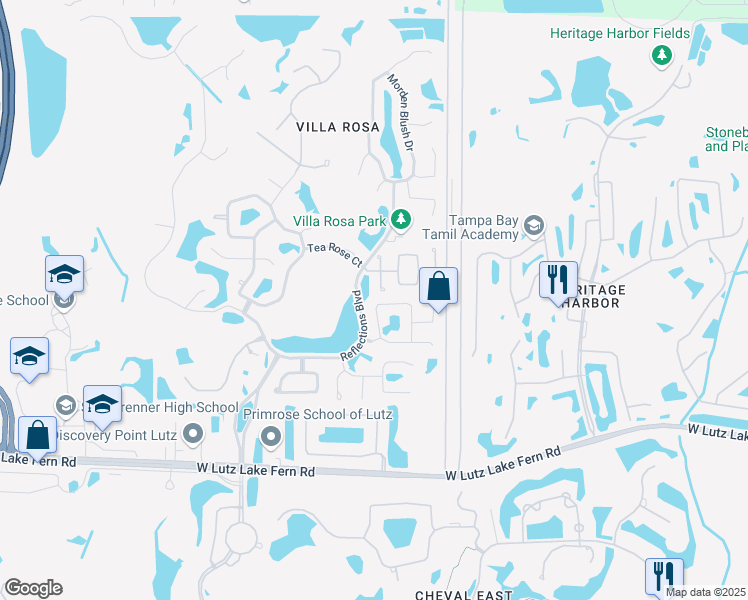 map of restaurants, bars, coffee shops, grocery stores, and more near 19320 Garden Quilt Circle in Lutz