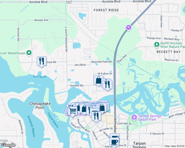 map of restaurants, bars, coffee shops, grocery stores, and more near 1341 Grove Avenue in Tarpon Springs
