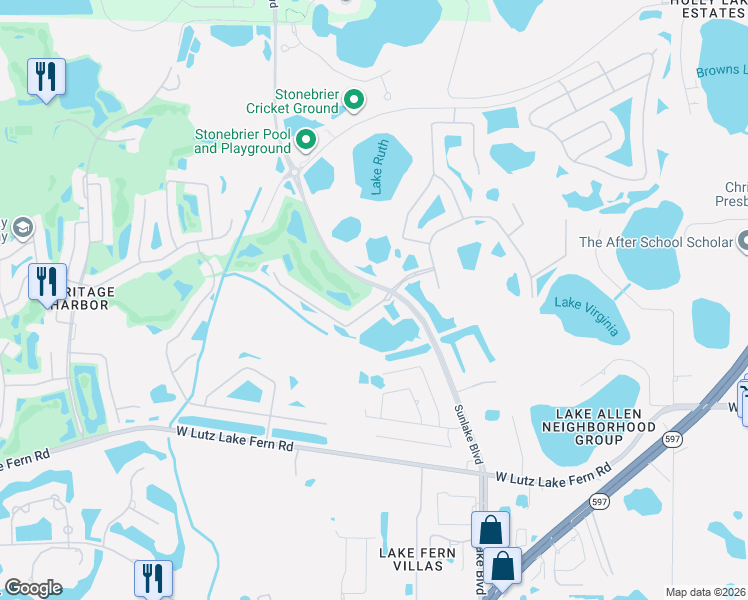 map of restaurants, bars, coffee shops, grocery stores, and more near 3807 Evergreen Oaks Drive in Lutz