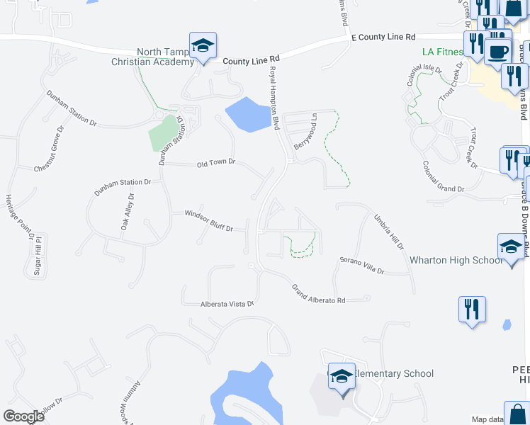 map of restaurants, bars, coffee shops, grocery stores, and more near 20218 Pond Apple Lane in Tampa