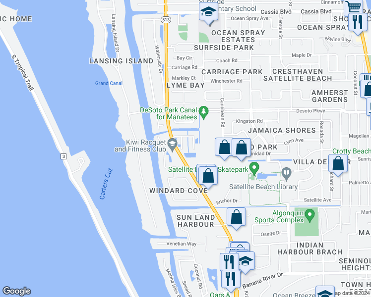 map of restaurants, bars, coffee shops, grocery stores, and more near 824 Veronica Court in Indian Harbour Beach